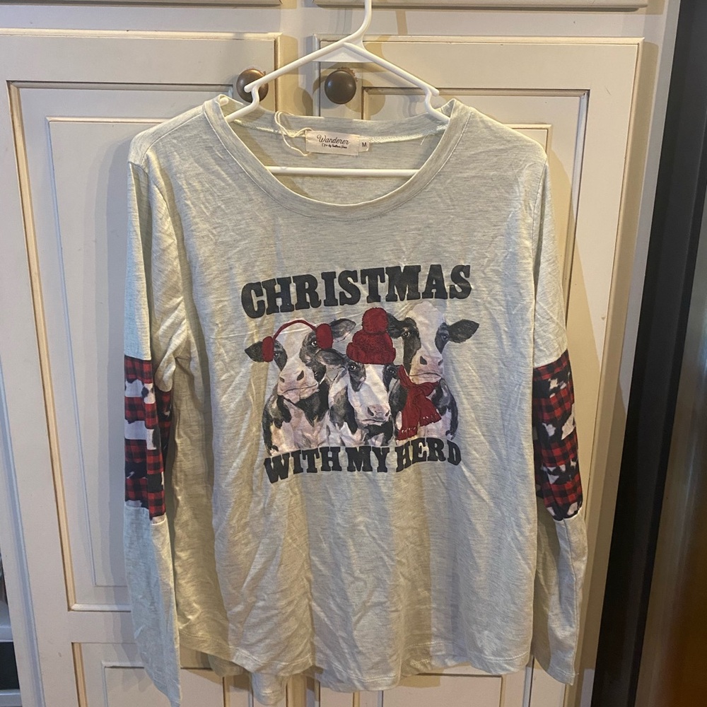 Wander Christmas With My Herd Long Sleeve Shirt - Gray and Red NWOT